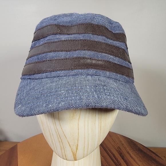 Cremieux Cadet Cap Women's Size M / L Blue Chambray Denim and Brown Faux Leather - Picture 3 of 16